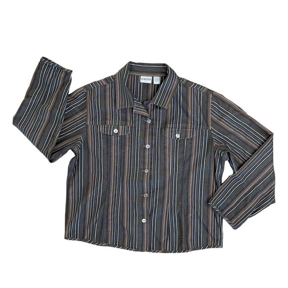 CHICO’S Brown Denim Striped Button Front Collared Jacket Women’s Size 3 or XL/16 - Picture 1 of 7